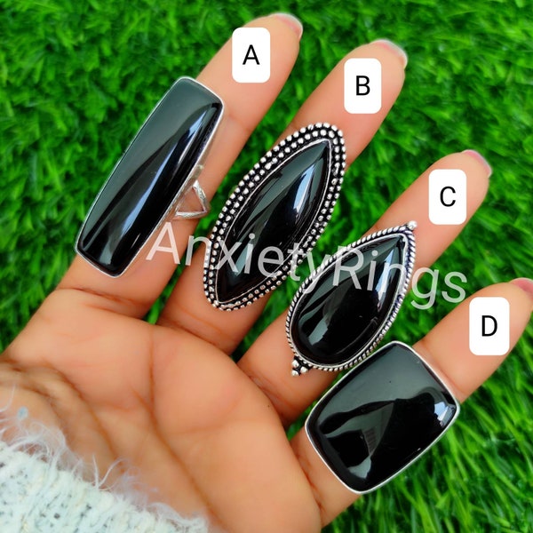 Anillo de ónix negro, anillo de ónix negro grande, anillo de plata 925, anillo de declaración, anillo boho, joyería de regalo, anillos de ónix balck de formas mixtas, venta cibernética