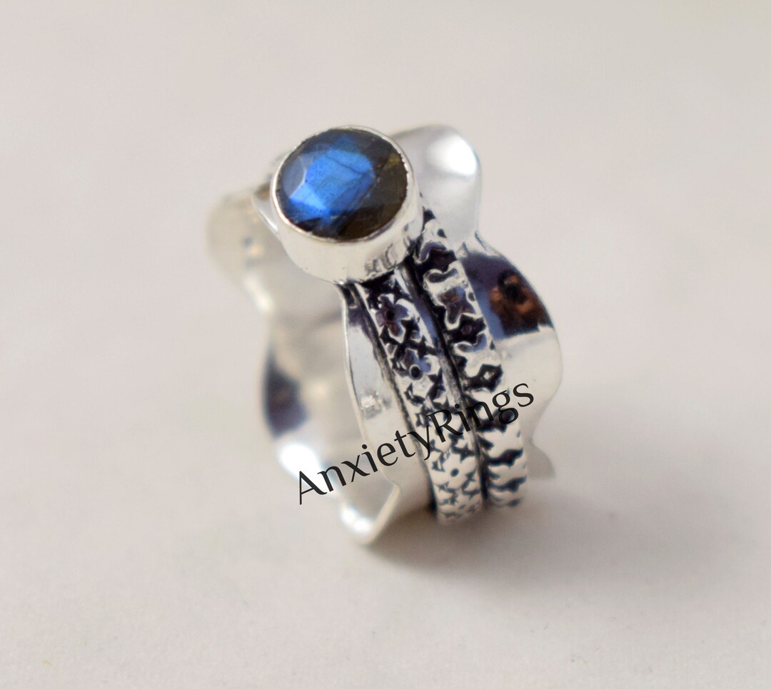 Labradorite Solid 925 Sterling Silver Designer Hammered Spinner Ring ...
