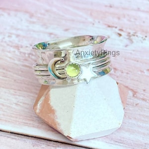 Star Moon Spinner Ring* Peridot Ring* Anxiety Ring* Solid 925 Sterling Silver* Handmade Ring* Yoga Spinner Ring, Meditation Ring* Sale Items