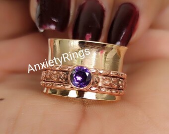 Solid Copper Spinner Ring, Amethyst Copper Meditation Ring, Pure Copper Spinner Ring, Handmade Women Ring, Spinner Ring, Popular Gift Ring