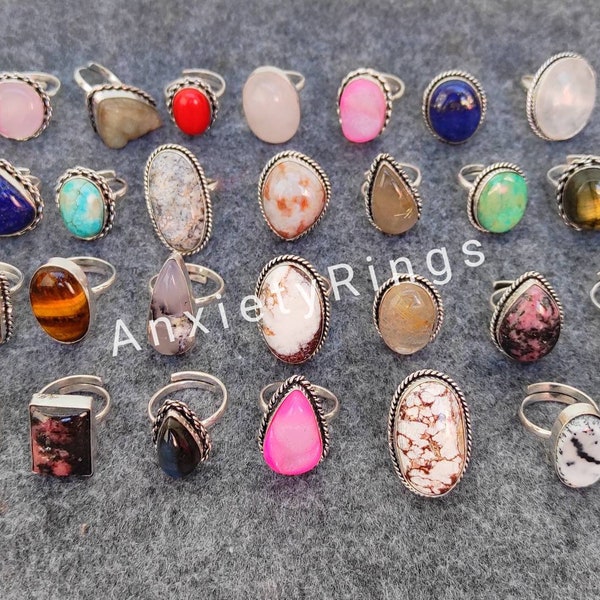 Mix Wholesale Rings Lot, Natural Labradorite, Rose Quartz, Larimar All US Size Rings, Multi- Mix Gemstone, 925 Silver Plated Ring Jewelry