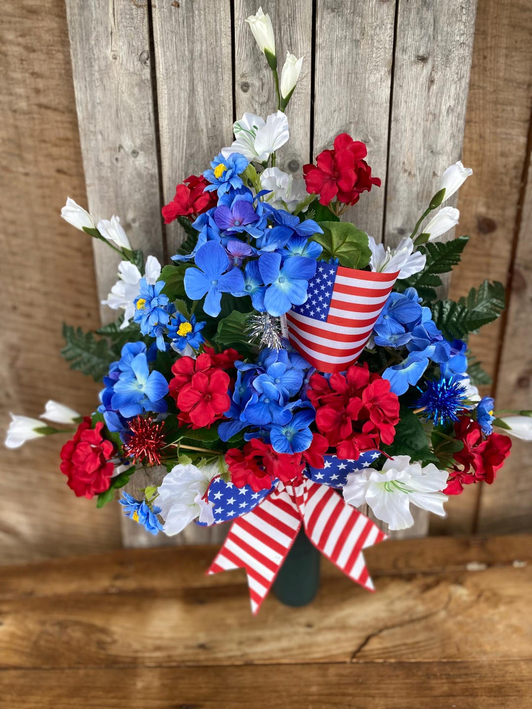 Patriotic Cemetery Arrangement, Red, White and Blue Memorial Flowers ...