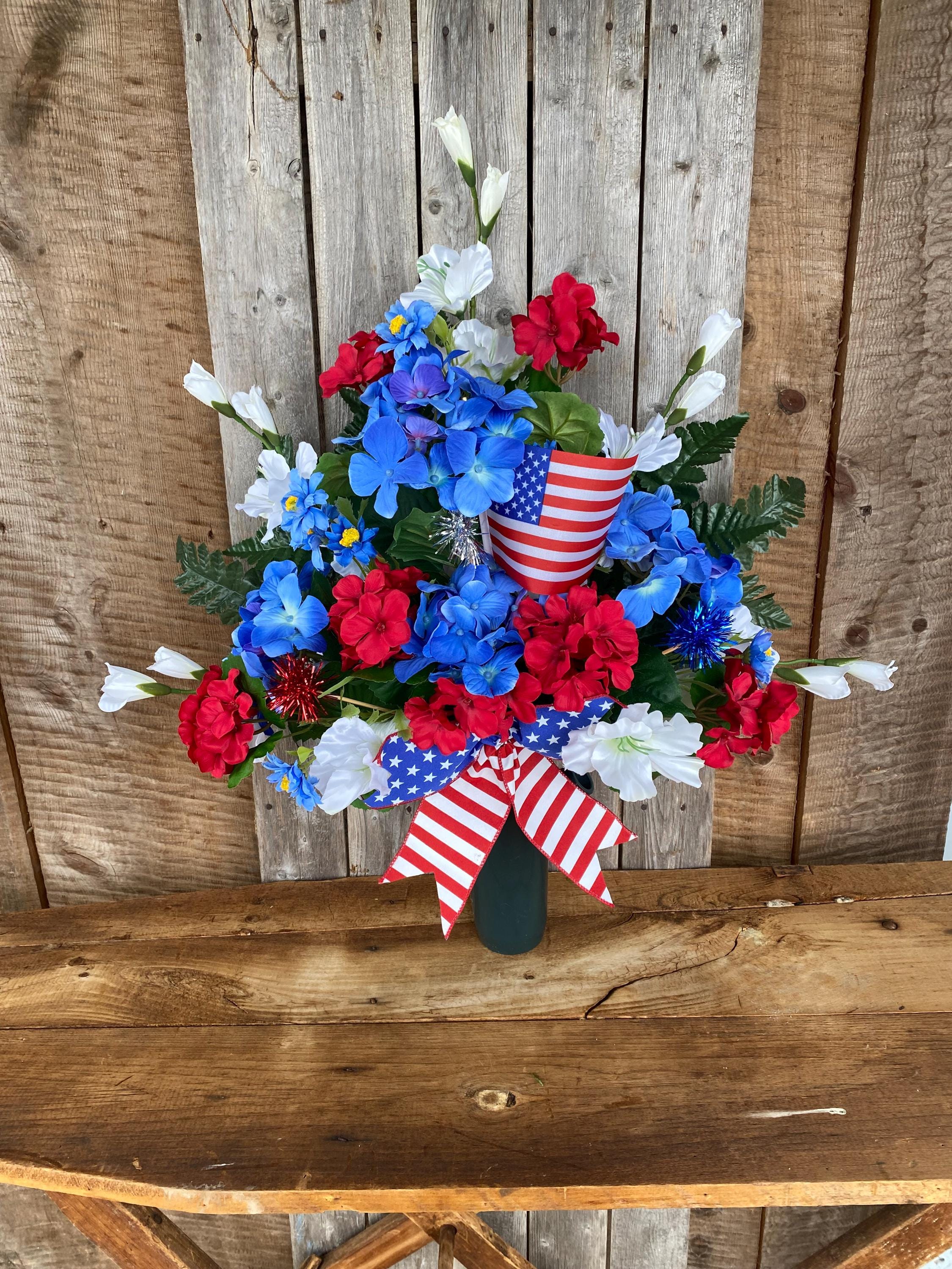 Patriotic Cemetery Arrangement, Red, White and Blue Memorial Flowers ...