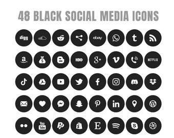 Black Social Media Icons Set in PNG & SVG, 48 Icons for website, social media icons - SVG Files - website icons | Instant Downloads