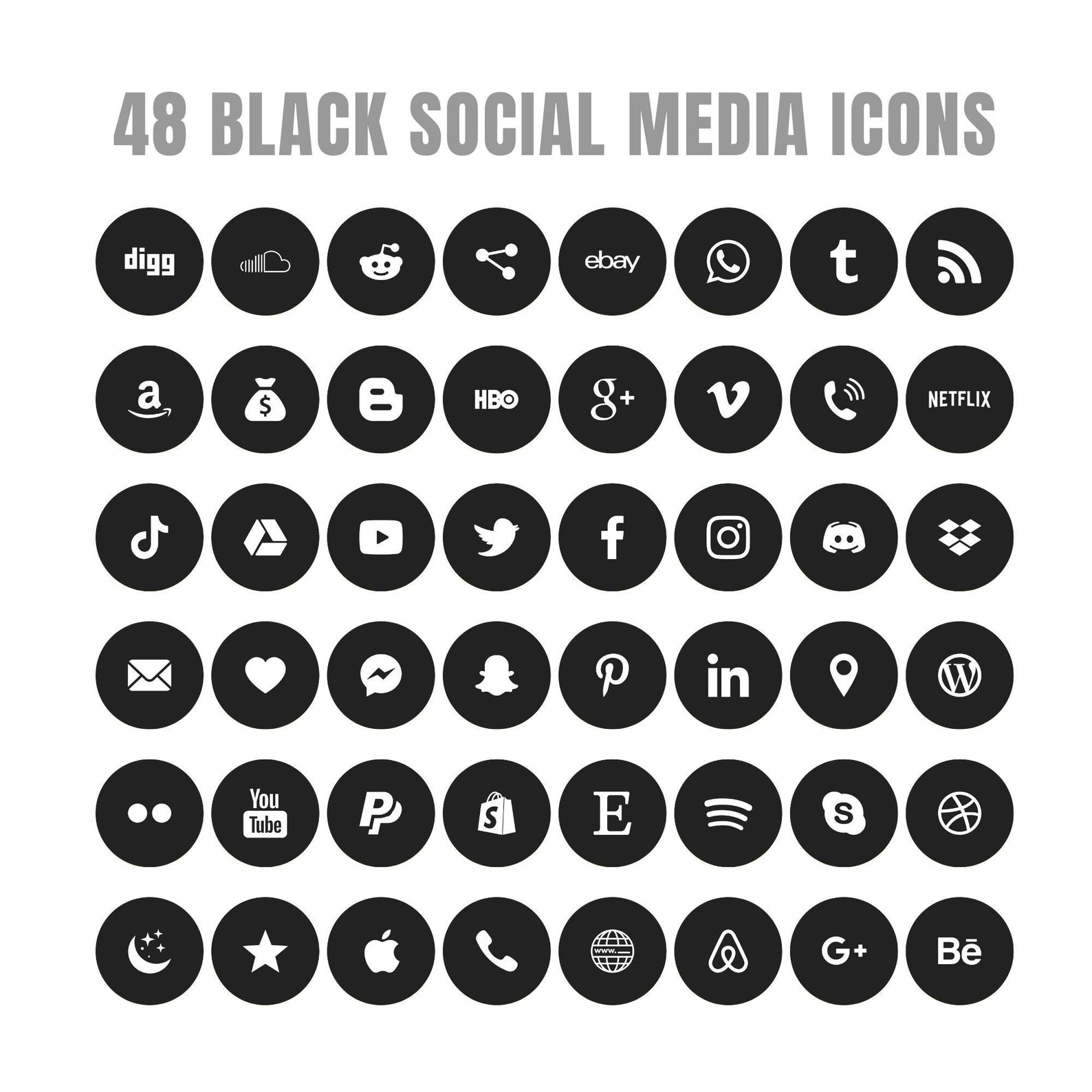 Black Social Media Icons Set in PNG & SVG, 48 Icons for Website, Social ...