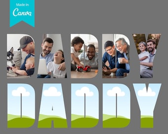 Puede incluir: Un collage de fotos de padres e hijos dispuestos en la palabra "DADDY". Las fotos muestran a los padres interactuando con sus hijos en diferentes entornos, incluyendo jugar con juguetes, leer libros y pasar tiempo al aire libre.