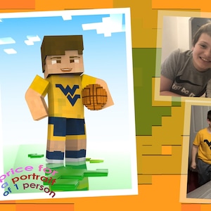 May include: A Minecraft-style digital portrait of a person wearing a yellow jersey with a blue and white logo, holding a basketball. The person is standing on a green field. The image is framed with a white border and a price tag that says "Price for a portrait of 1 person".