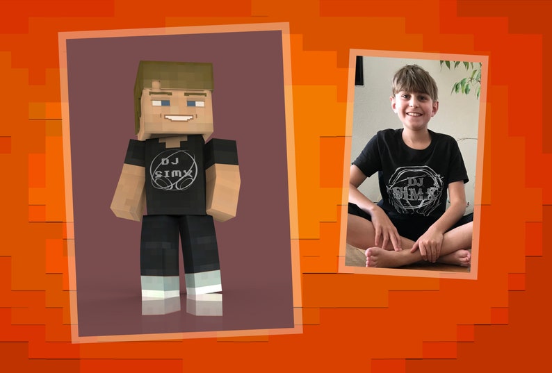 May include: A side-by-side comparison of a Minecraft character wearing a black t-shirt with the text "DJ SIMX" and a person wearing the same t-shirt.