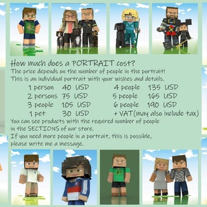 May include: A price chart for custom Minecraft portraits, showing different prices for 1 to 6 people, plus a pet option. The chart includes the text "How much does a PORTRAIT cost?" and "This is an individual portrait with your wishes and details."
