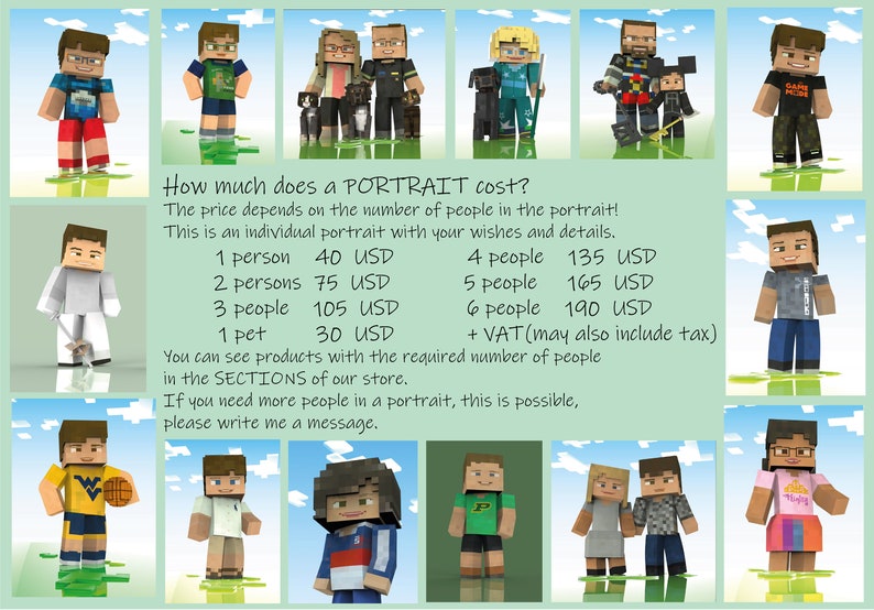 May include: A price chart for custom Minecraft portraits, showing different prices for 1 to 6 people, plus a pet option. The chart includes the text "How much does a PORTRAIT cost?" and "This is an individual portrait with your wishes and details."