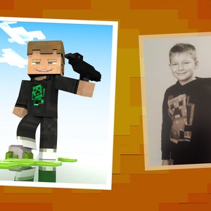 May include: A photo collage featuring a Minecraft character holding a black raven and a black and white photo of a young boy wearing a black hoodie with a Minecraft Creeper graphic.