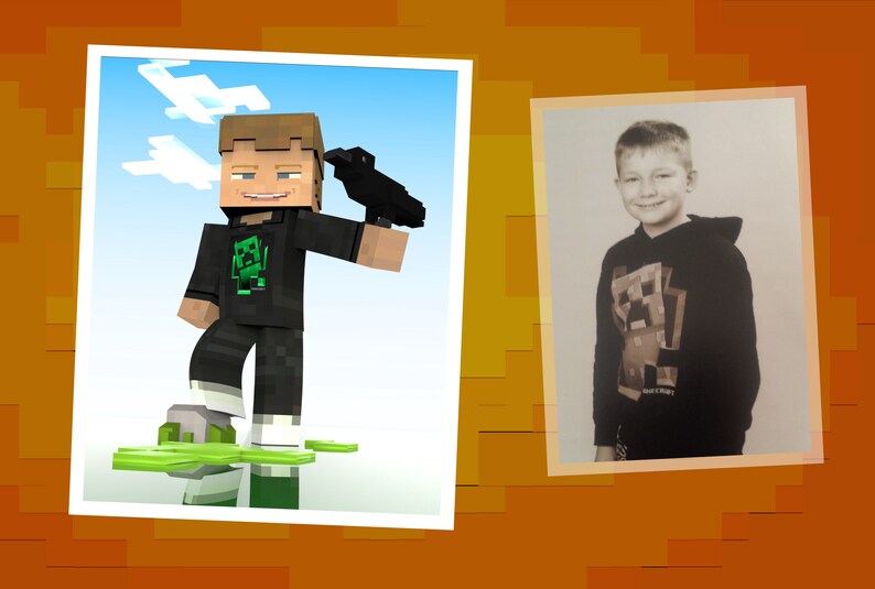 May include: A photo collage featuring a Minecraft character holding a black raven and a black and white photo of a young boy wearing a black hoodie with a Minecraft Creeper graphic.
