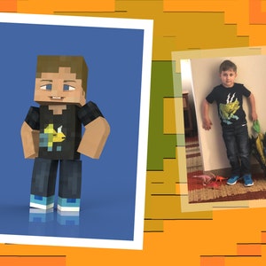 May include: A Minecraft character wearing a black t-shirt with a yellow dinosaur graphic. The character is standing on a blue background. A photo of a young boy wearing a similar t-shirt with a yellow dinosaur graphic is shown in a frame to the right.
