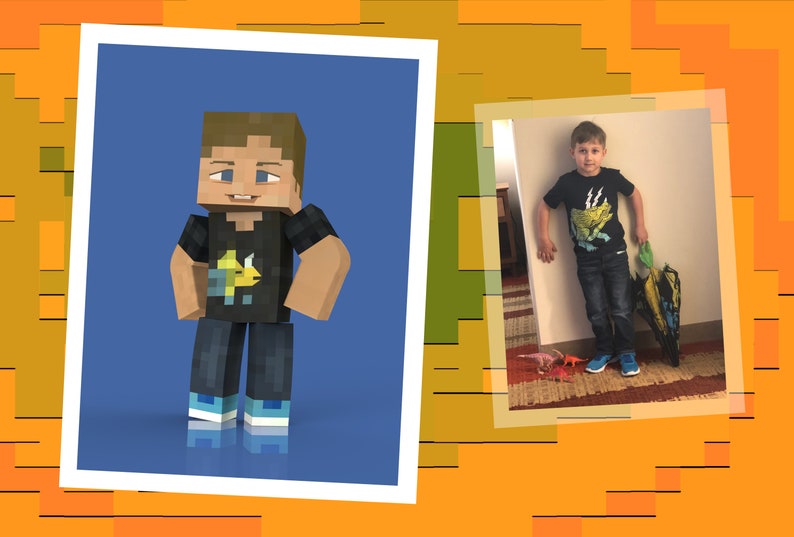 May include: A Minecraft character wearing a black t-shirt with a yellow dinosaur graphic. The character is standing on a blue background. A photo of a young boy wearing a similar t-shirt with a yellow dinosaur graphic is shown in a frame to the right.