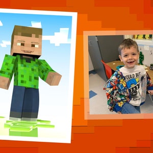 May include: A photo collage showing a young boy in a classroom next to a Minecraft character. The boy is wearing a blue and red shirt with a graphic print of cartoon characters. The Minecraft character is wearing a green and black plaid shirt and blue jeans.