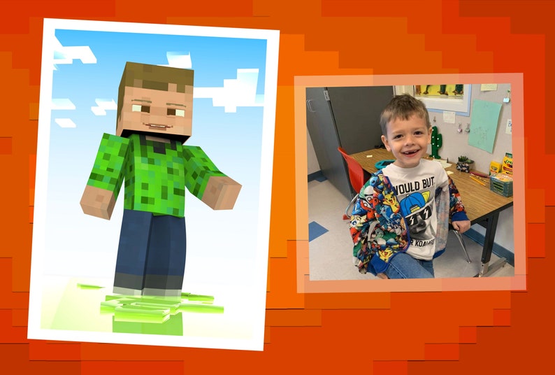 May include: A photo collage showing a young boy in a classroom next to a Minecraft character. The boy is wearing a blue and red shirt with a graphic print of cartoon characters. The Minecraft character is wearing a green and black plaid shirt and blue jeans.