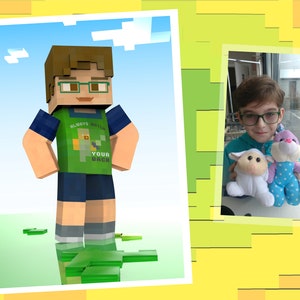 May include: A Minecraft character wearing a green shirt with the text "Always Watch Your Back" and blue shorts. The character is standing on a green surface with a blue sky and white clouds in the background.