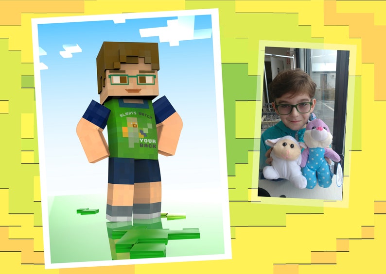 May include: A Minecraft character wearing a green shirt with the text "Always Watch Your Back" and blue shorts. The character is standing on a green surface with a blue sky and white clouds in the background.