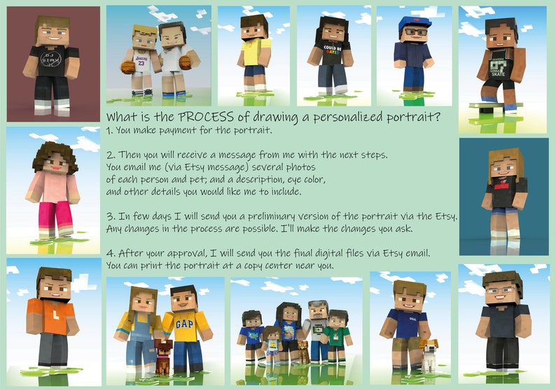 May include: A collage of images showing the process of creating a personalized Minecraft portrait. The steps include making a payment, sending photos and descriptions, receiving a preliminary version, and approving the final digital files. The text in the image reads: "What is the PROCESS of drawing a personalized portrait? 1. You make payment for the portrait. 2. Then you will receive a message from me with the next steps. You email me (via Etsy message) several photos of each person and pet, and a description, eye color, and other details you would like me to include. 3. In few days I will send you a preliminary version of the portrait via the Etsy. Any changes in the process are possible. I'll make the changes you ask. 4. After your approval, I will send you the final digital files via Etsy email. You can print the portrait at a copy center near you."