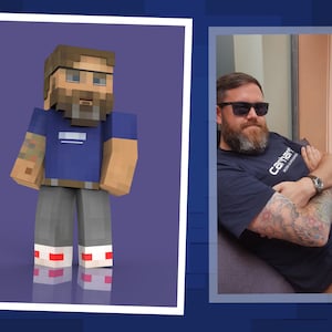 May include: A side-by-side comparison of a person's real-life photo and a Minecraft avatar. The person in the photo is wearing a dark blue t-shirt with the Carhartt logo, sunglasses, and has a beard. The Minecraft avatar is wearing a blue t-shirt, grey pants, and red and white shoes.