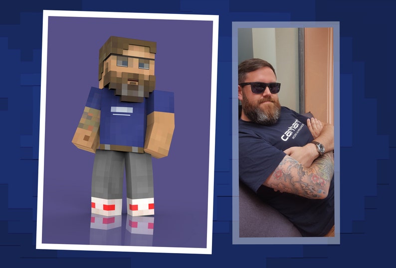 May include: A side-by-side comparison of a person's real-life photo and a Minecraft avatar. The person in the photo is wearing a dark blue t-shirt with the Carhartt logo, sunglasses, and has a beard. The Minecraft avatar is wearing a blue t-shirt, grey pants, and red and white shoes.