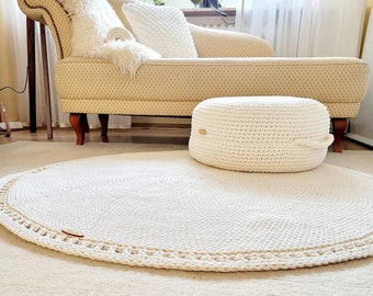 Round bathroom rug, beige cotton rug, baby room rug, mandala rug, Scandinavian decor, modern crocheted rug, living room