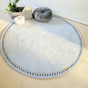 Round living room rug, beige cotton rug, baby room rug, mandala rug, Scandinavian decor, modern crocheted rug, living room