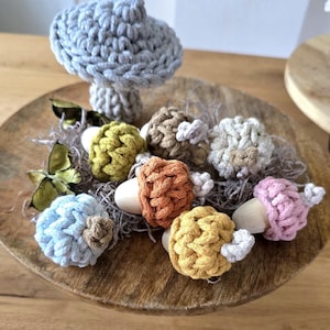 Op de afbeelding: Een verzameling gehaakte paddenstoelen in verschillende kleuren, waaronder lichtblauw, geel, oranje, roze en bruin, gepresenteerd op een houten dienblad. De paddenstoelen zijn gemaakt van een dik garen en hebben een rustieke, handgemaakte uitstraling.