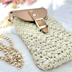Crochet Phone Bag Soft Bronze – Crossbody Phone Pouch – Handmade Phone Case – Leather Flap – Crochet Purse for All Phones