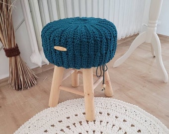 Footstool with crocheted cover made of cotton, natural seating comfort for your home in the living room and children's room, stool skandi decoration