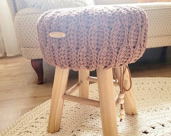 Footstool with crocheted cover made of cotton, natural seating comfort for your home in the living room and children's room, stool skandi decoration