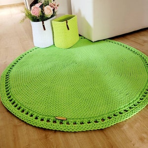 Baby room round rug, green cotton rug, nursery rug, mandala rug, Scandinavian decor, crocheted rug modern, living