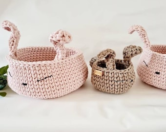 BunnyBasket, crocheted rabbit basket, nursery decoration, baby equipment, baby shower gift, baby room decoration, storage basket, utensil