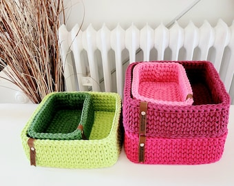 Square basket utensil - crocheted from natural materials, as nursery decor, key bowl, fruit bowl or bathroom storage