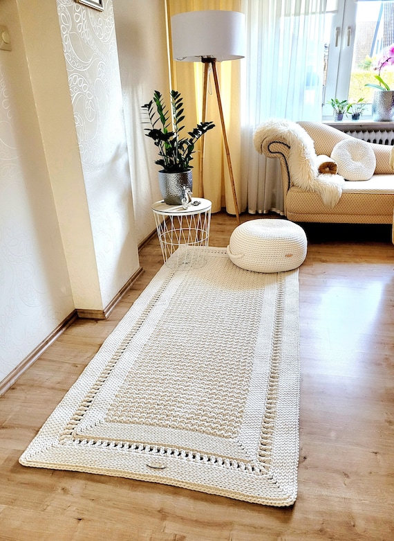 Häkelteppich Flurläufer Skandi – Gehäkelter Boho Teppich eckig aus Baumwolle für Wohnzimmer & Schlafzimmer, Bettvorleger handgemacht