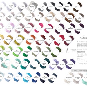May include: A color chart of 64 different colors of cord, with each color displayed in a circle. The cord is available in two sizes, 5mm and 3mm. The cord is made of polyester or cotton. The chart is labeled with the color name and number. The text "Glitzer-Farben Kollektion" is at the bottom of the chart.