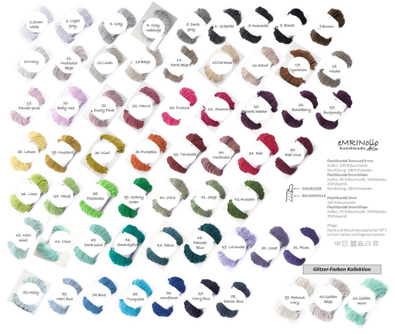 May include: A color chart of 64 different colors of cord, with each color displayed in a circle. The cord is available in two sizes, 5mm and 3mm. The cord is made of polyester or cotton. The chart is labeled with the color name and number. The text "Glitzer-Farben Kollektion" is at the bottom of the chart.