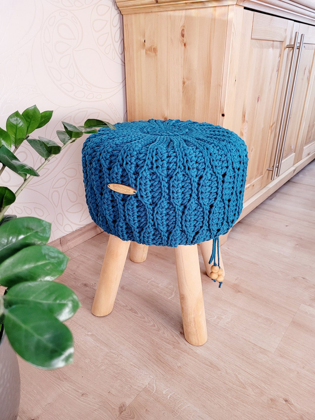 Footstool With Crocheted Cotton Cover Natural Seating Comfort Etsy