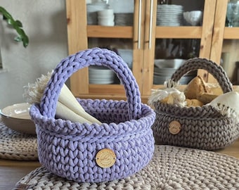 Crochet Handle Basket Cotton – Handmade Bread Basket Modern – Home Organizer – Sustainable Living Room Decor Storage Bin