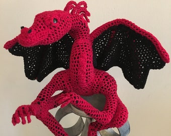 Crochet dragon in red and black, great for home or bedroom decor