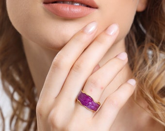 Gold-Plated Purple Enamel Silver Ring - Adjustable Luxury Retro Design with Irregular Edges - Trending Women's Jewelry
