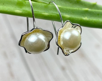 Elegant Sterling Silver Pearl Flower Earrings - Handcrafted Wire-Wrapped Dangle Drops for a Minimalist Floral Touch