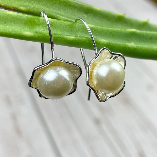 Elegant Sterling Silver Pearl Flower Earrings - Handcrafted Wire-Wrapped Dangle Drops for a Minimalist Floral Touch