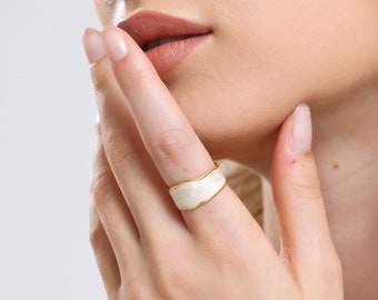 Gold Plated White Enamel Ring - Retro Irregular Edge - Stackable & Adjustable - Luxury Women's Trending Jewelry