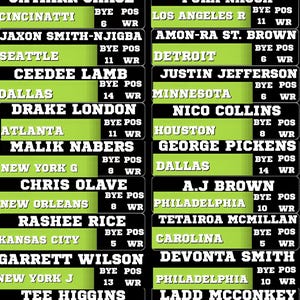 May include: A grid of black and lime green rectangular labels featuring white text for NFL wide receivers including Ja'Marr Chase, Puka Nacua, Jaxon Smith-Njigba, Amon-Ra St. Brown, CeeDee Lamb, Justin Jefferson, Drake London, Nico Collins, and others.