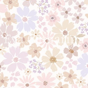May include: A floral pattern featuring a repeating design of stylized flowers in soft pastel colors. The flowers are in shades of pink, lavender, and beige, set against a white background. The design has a hand-painted aesthetic.