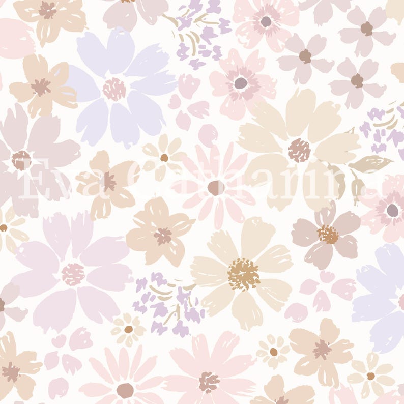 May include: A floral pattern featuring a repeating design of stylized flowers in soft pastel colors. The flowers are in shades of pink, lavender, and beige, set against a white background. The design has a hand-painted aesthetic.