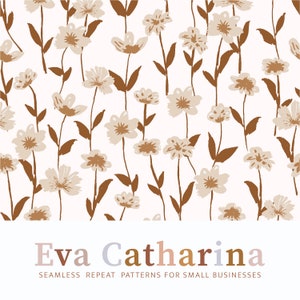Könnte beinhalten: Ein nahtloses Muster mit braunen Blumenillustrationen auf weißem Hintergrund. Das Muster trägt den Titel "Eva Catharina" und enthält den Text "Nahtlose Wiederholungsmuster für kleine Unternehmen".