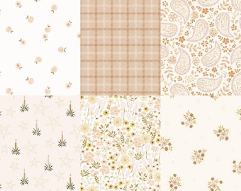 May include: A collection of six fabric swatches featuring various patterns. These include floral, plaid, paisley, and star designs in a soft, neutral color palette of beige, cream, and light brown. The fabrics are likely suitable for quilting or crafting projects.