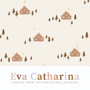 Puede incluir: Un patrón sin costuras que presenta casas marrones con techos blancos y ventanas, rodeadas de pequeños árboles marrones sobre un fondo beige con un sutil patrón de puntos blancos. El patrón se repite en toda la imagen.